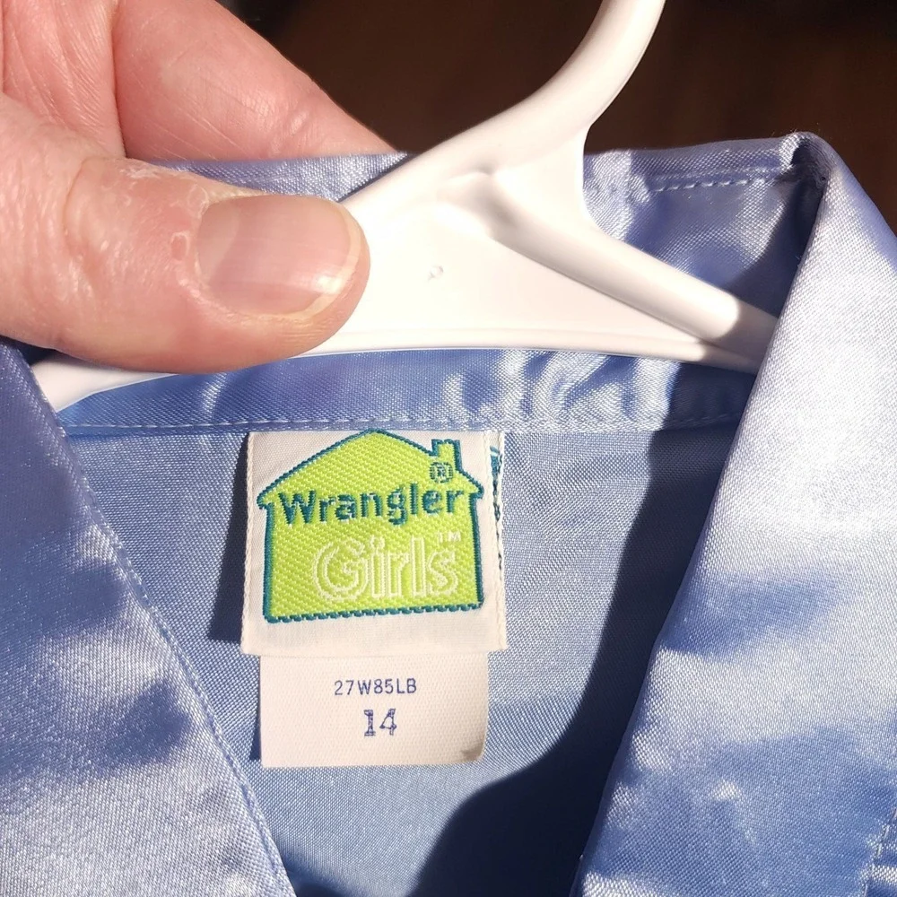 Wrangler Satin Western Shirt‎ Periwinkle Blue Pearl Snaps Girls Size 14 Vintage